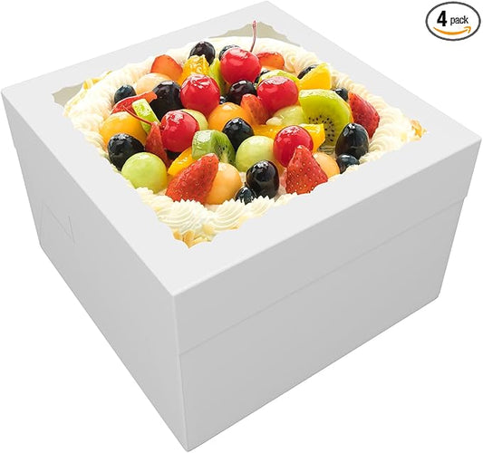 4 Pack 12x12x8 Inch White Cake Boxes with Window - Disposable Bakery Boxes for Cakes, Cupcakes, Cookies, and Pastries