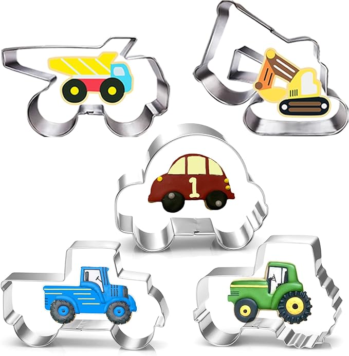 Construction Vehicles Cookie Cutters Set-5 Piece-Truck, Dump, Tractor, Car and Digger-Biscui Cookie Cutters Molds for Kids Party