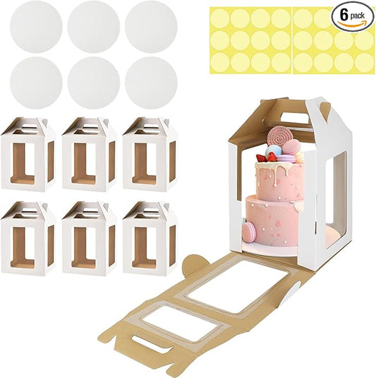 6 Pack Tall Cake Boxes with Cake Boards, 10x10x12 Inch Tiered Cake Box with 6 Windows, Layer Cake Carrier with Handle Bakery Take out Containers for Wedding Birthday Party (White-10x10x12 Inch-6 Pack)