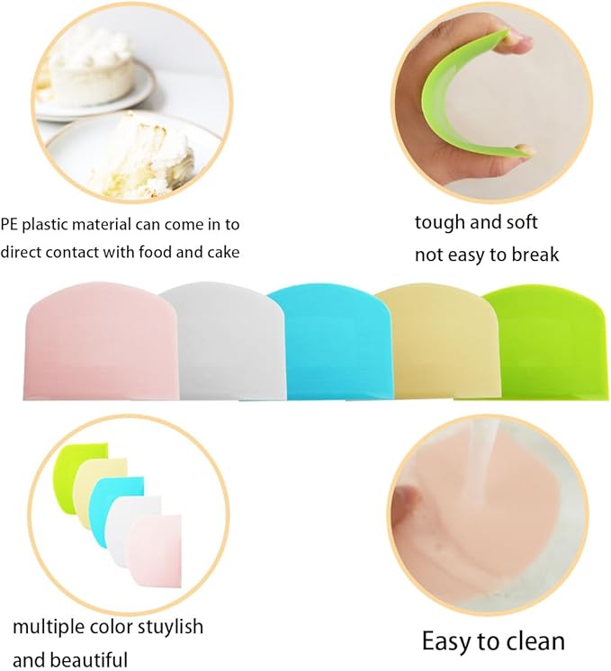 5 Pack Dough Scraper, Plastic Bench Scraper for Baking, Plastic Flexible Scrapers, Cake Baking Bench Scrapers Food-safe Plastic Dough Cutter for Bread Dough & Cake
