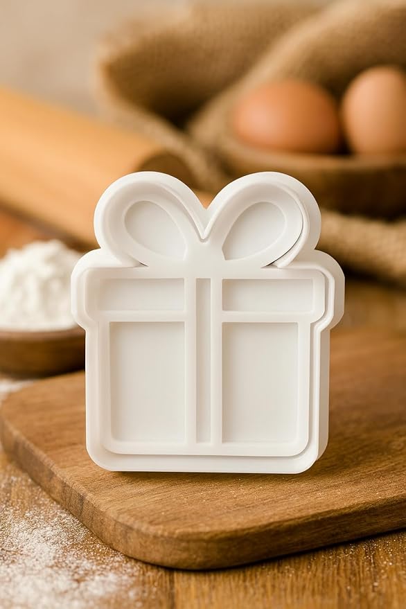 Christmas Gift Cookie Cutter and Stamp Set - 3.5" Gift Box Shape for Cookies, Fondant, Clay - Holiday Birthday Gift Baking Mold Present