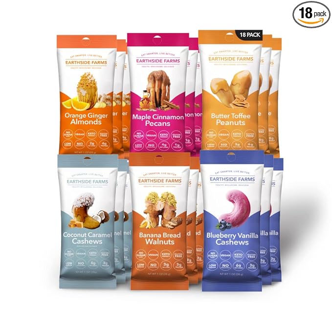 Earthside Farms 18 pcs Variety Pack – 1oz, 3pcs Each of Coconut Caramel Cashews, Butter Toffee Peanuts, Blueberry Vanilla Cashews, Maple Cinnamon Pecans, Orange Ginger Almonds, Banana Bread Walnuts