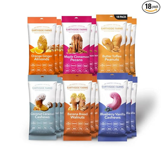 Earthside Farms 18 pcs Variety Pack – 1oz, 3pcs Each of Coconut Caramel Cashews, Butter Toffee Peanuts, Blueberry Vanilla Cashews, Maple Cinnamon Pecans, Orange Ginger Almonds, Banana Bread Walnuts