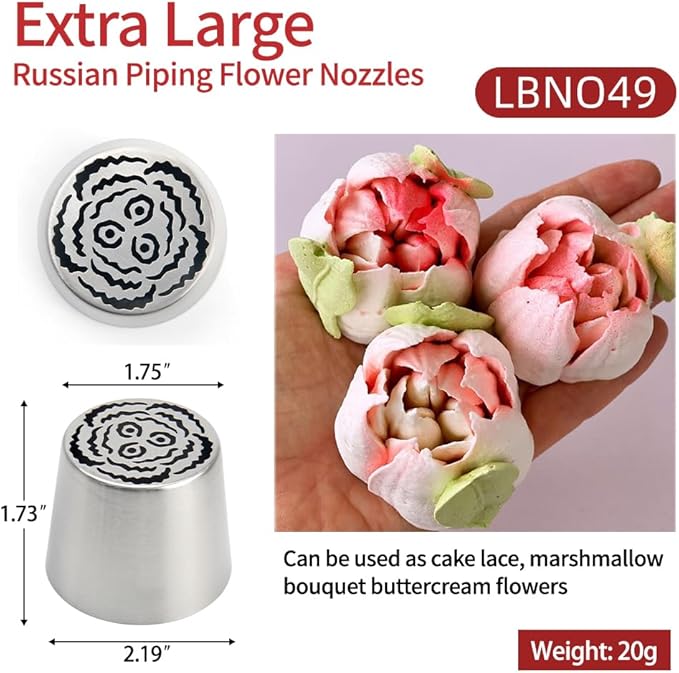 Extra Large Russian Piping Tip Set - 6 Stainless Steel Marshmallow Buttercream Framing Nozzles for 3D Roses Tulip Cake Decorations and Marshmallow Bouquets, Includes 1 Cleaning Brush(6D)