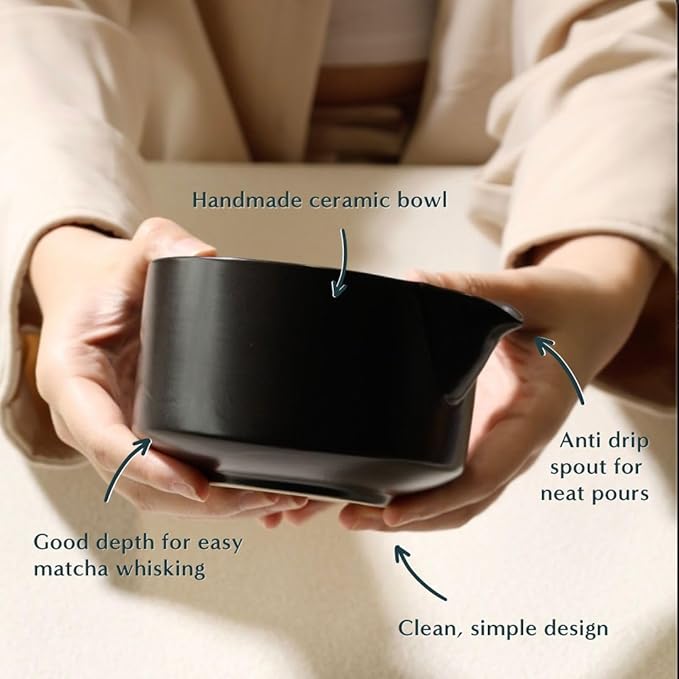 Naoki Matcha Complete Matcha Tea Ceremony Set - Includes: Bamboo Matcha Whisk & Bamboo Tea Scoop, Large Stainless Steel Sifter, Black Stoneware Bowl with Spout