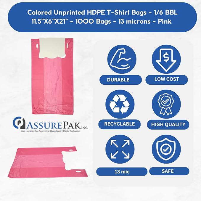 ASSUREPAK Pink HDPE T-Shirt Plastic Bags for Retail, Groceries, Merchandise, Convenience Store, Supermarket, Restaurant - 1/6 BBL, 11.5"X6"X21" - Pack of 1000 Bags, 13 Microns - Unprinted (Pink)