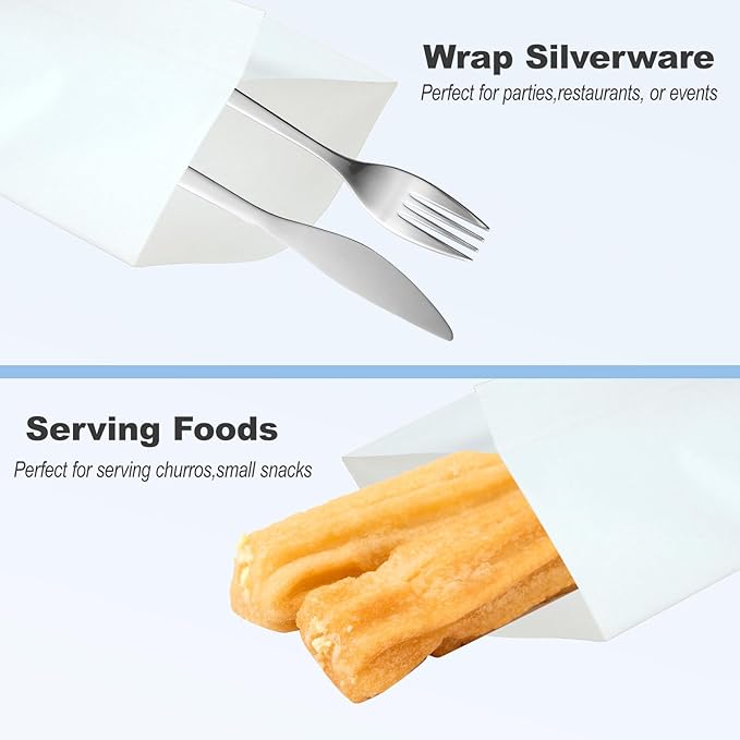 150 Pcs Silverware Churro Bags White Kraft Paper Silverware Sleeves for Kitchen Utensil Treats Bakery Cookies, 3.1 x 9.8 Inch