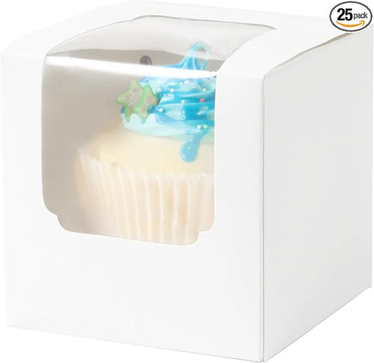 ihomecooker 25 Pcs Single White Cupcakes Containers Gift Boxes with Window Inserts Handle for Wedding Candy Boxes (25P-White)