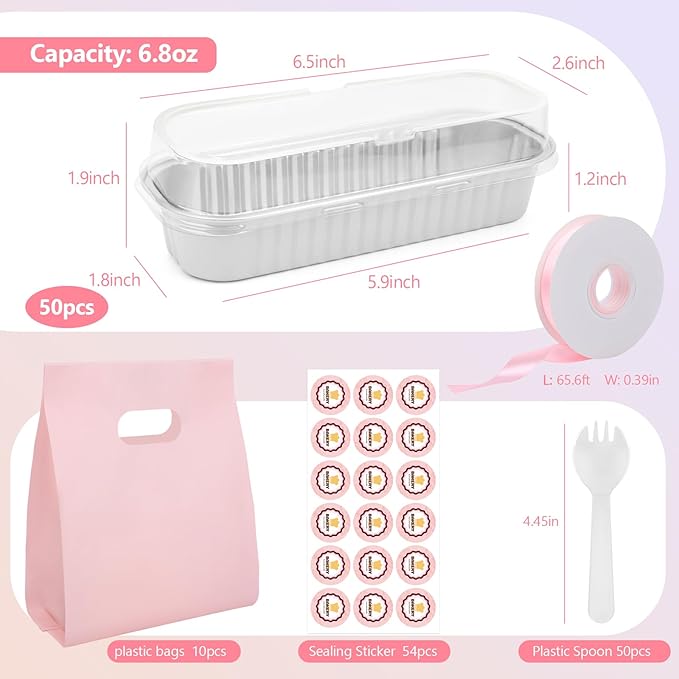 OcePor 50 Pack Mini Loaf Pans With Lids，Mini Cake Pans With Lids and Spoons，6.8oz Bread Loaf Pans Disposable，Small Aluminum Cake Tins,Baking Pans Individual (White)