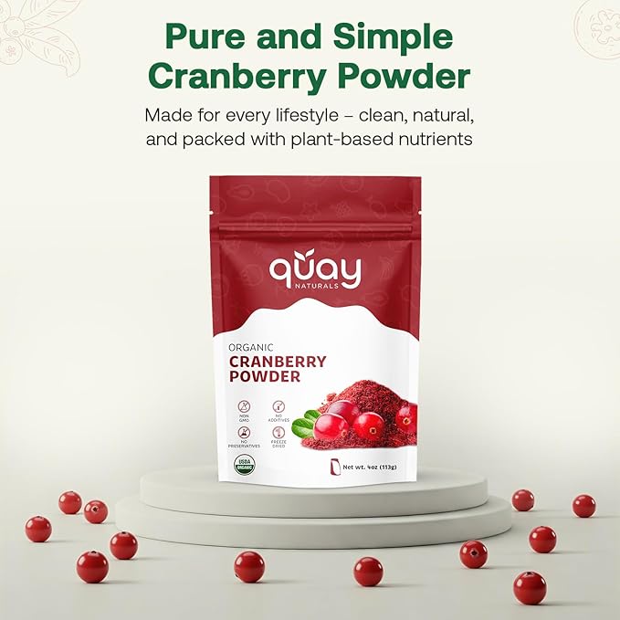 Quay Naturals Organic Cranberry Juice Powder, 4oz | Made from US-Sourced Cranberries | USDA Organic, Freeze-Dried, Non-GMO, No Additives | For Smoothies & Baking