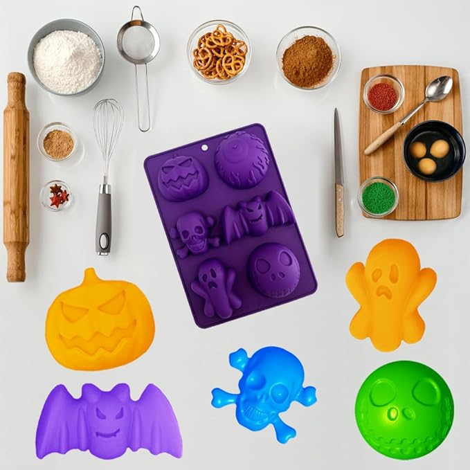 2 Pack Halloween Silicone Molds 6 Cavity Halloween Themed Molds Baking Mould Tray DIY Baking Tool for Aromatherapy Candles Chocolate Pudding Dessert Jelly Soap Cupcake Topper for Halloween Party Treat