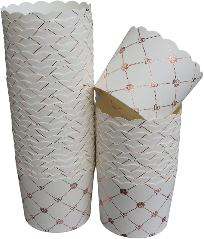 50-Pack Paper Baking Cups, Greaseproof Disposable Cupcake Muffin Liners (Large, Rose Gold Grid)