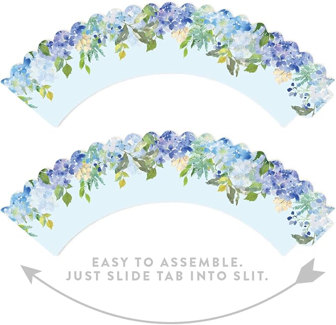 Andaz Press Party Cupcake Wrapper Decorations, Baby Blue Hydrangeas on Sky Blue, For Girl's 1st Birthday, Bridal Showers, Tea Party Themed Decorations - 24-Pack