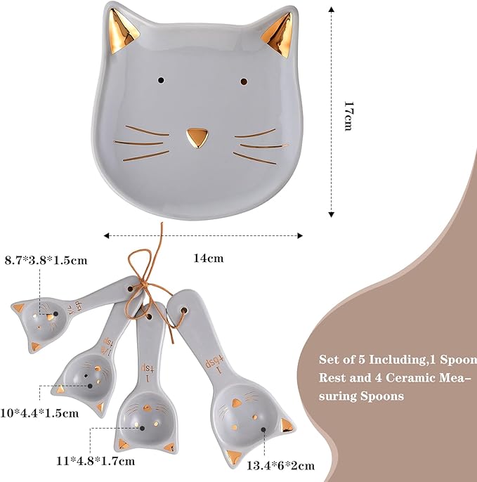 Patelai 5 Pcs Cat Measuring Spoons Set Kitchen Ceramic Counter Cat Ceramic Soup Spoon for Christmas Women Gift(Gray)