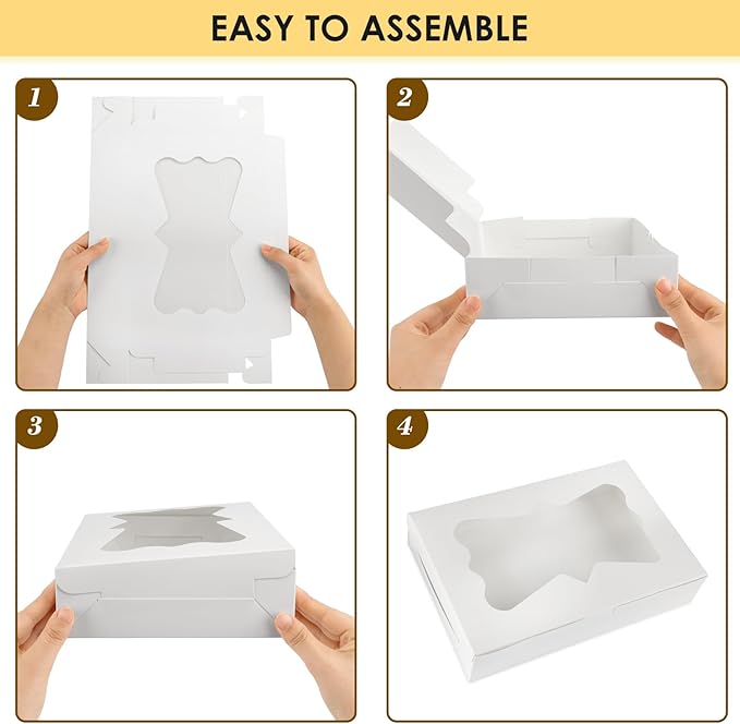 Moretoes 48pcs Bakery Boxes,12x8x2.5 Inches Cookie Boxes with 3 Style Window for Chocolate Covered Strawberries, Desserts, Cookies, with 4pcs Stickers