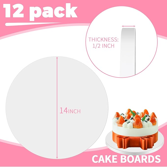 12 pcs Large Cake Boards Drum 14 Inch Round, 1/2" Thick Cake Drums, Cake Decorating Supplies Sturdy Cake Corrugated Cardboard for Multi-Layer Cakes. (14inch(12pack))