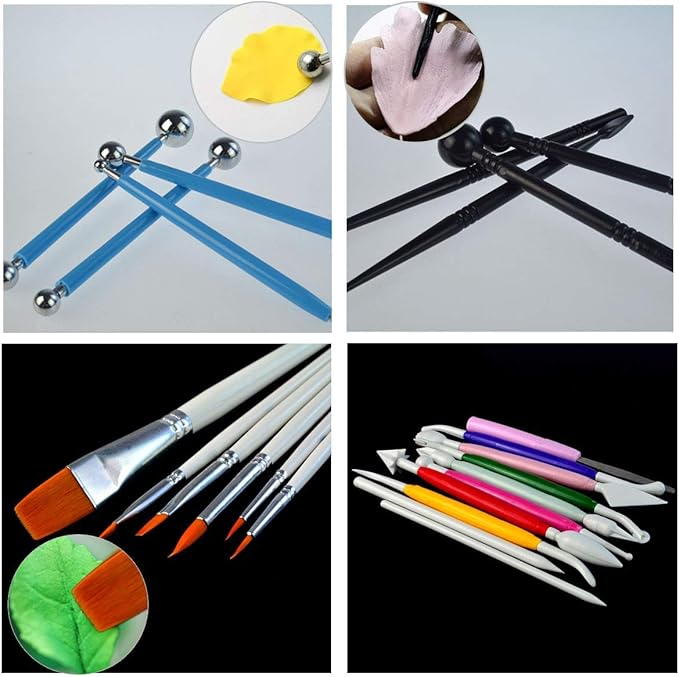 62pcs Gumpaste Flowers and Leaves Fondant Tool Leaf Tool Kit Gum Paste Flower Cutter Set Stainless Steel Flower Cutter Silicone Molds Foam Pad Veining Board Ball Tools Modelling Tools Brushes