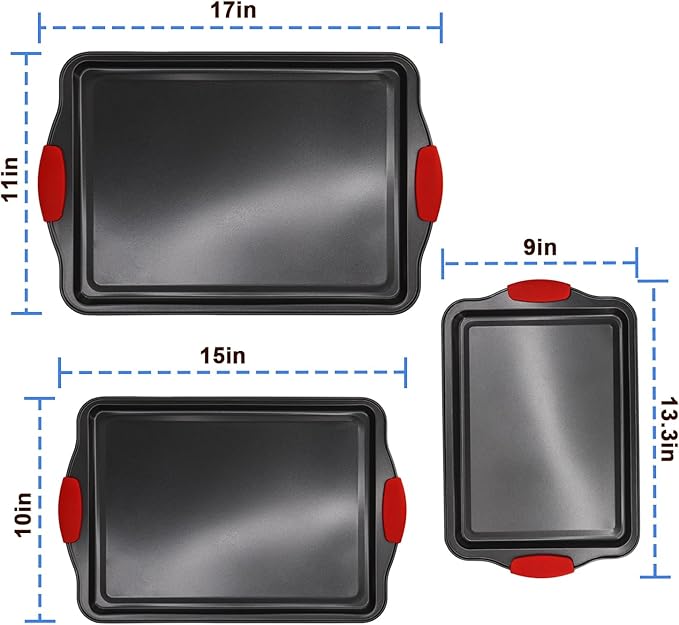 Non-Stick Baking Sheets Set of 3, Deluxe Black Non-Stick Carbon Steel, Commercial Grade Restaurant Quality Metal Bakeware with Red Silicone Handles(Black)