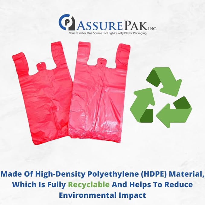 ASSUREPAK Easy Open - 1000 Bags - Colored Unprinted HDPE T-Shirt Bags - 1/6 BBL 11.5"X6"X21" - 13 microns - Red - Perfect for Groceries, Shopping and Retail Stores LOOP-RED-EO