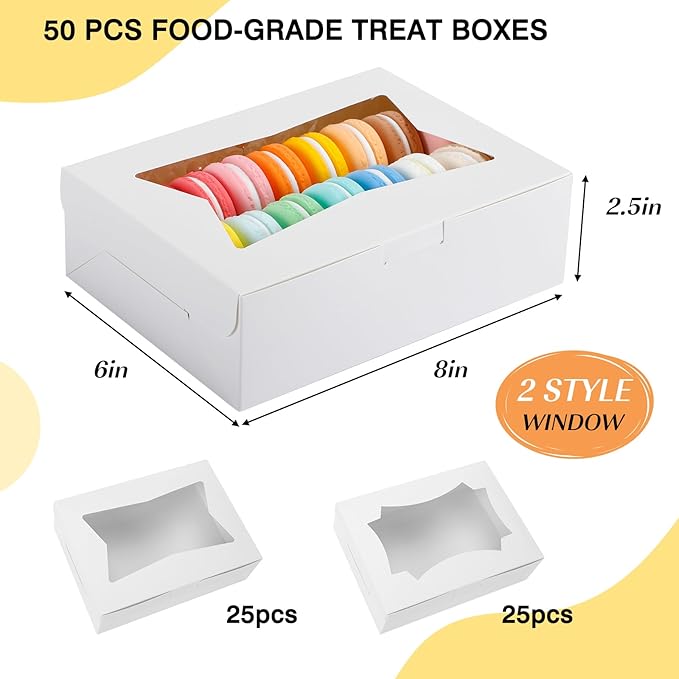 TOMNK 50pcs Cookie Boxes with Window, 8x6x2.5 Inches 2 Style Window Bakery Boxes for Treats, Chocolate Covered Strawberries, Muffins, Donuts