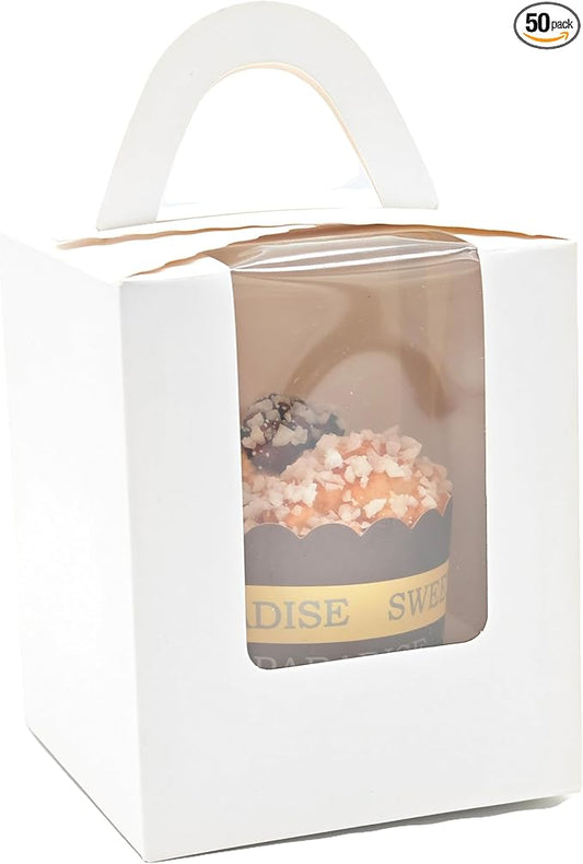 50-Set Individual Cupcake Boxes Bulk with Clear Display Window, Disposable Food Grade White Cupcake Carrier Cupcake Container, Perfect for Cupcakes Muffins Cookies Pastries