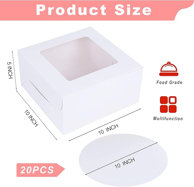 Zzrywuty 10x10x5 Inches Cake Box with Cake Board Set (40Pcs, 20Pcs Boxes& 20Pcs Boards), Bakery Boxes Cajas Pasteles for Cake, Pastries, Chocolates, Cookies, Pie