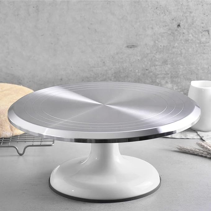 Revolving Cake Decorating Stand, Silent Bearing Cake Turntable 10 Inch Sturdy Rounded Edges Professional Aluminum Alloy for Cake Decorating Supplies (White)