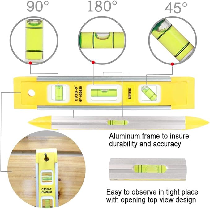 DOWELL 9 Inch Magnetic Box Level Torpedo Level(2PCS),3 Different Bubbles/45°/90°/180°Measuring Shock Resistant Torpedo Level