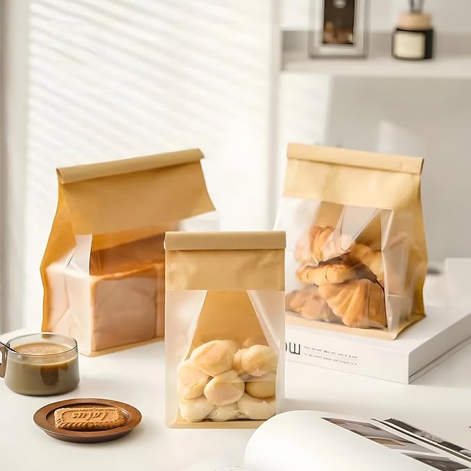 50 Pcs Large Brown Kraft Paper Bread Bags with Tin Tie, Homemade Bread Packing Bag, Thickened Storage Bagel Bag with Clear Window for Sourdough, Baked 11" x 4.3" x 8.6"