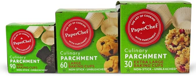 PaperChef - Variety Pack - XL, Large and Mini Baking Cups - Easy Release, Non-Stick Paper, Unbleached, Compostable, Parchment for Cupcakes and Muffins- 3 Pack
