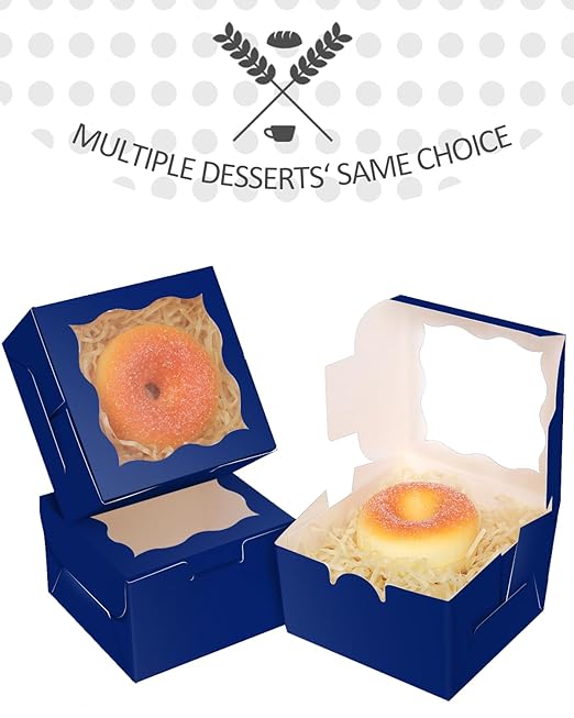 qiqee Deep Blue Bakery Box with Window 4x4x2.5 inch 30Packs Macaron Boxes Small Donut Pastry Boxes for Party Mini Cookie Boxes