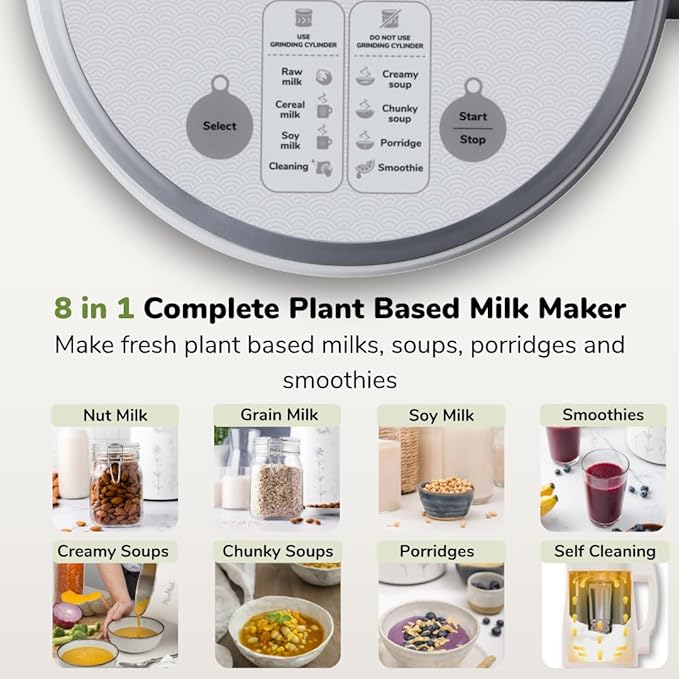 MioMat 8in1 Plant Based Milk Maker | Make 40oz of Natural Almond Milk, Soy Milk, Oat Milk, Coconut Milk, and more ... + soups, porridges, smoothies, purées... | Automatically, at the touch of a button