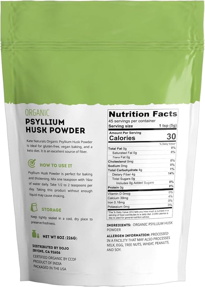 Kate Naturals Psyllium Husk Powder for Fiber, Digestion & Baking Bread. Mixes Easily with Juice & Smoothies (8oz, Organic, Gluten Free, Fine Ground)