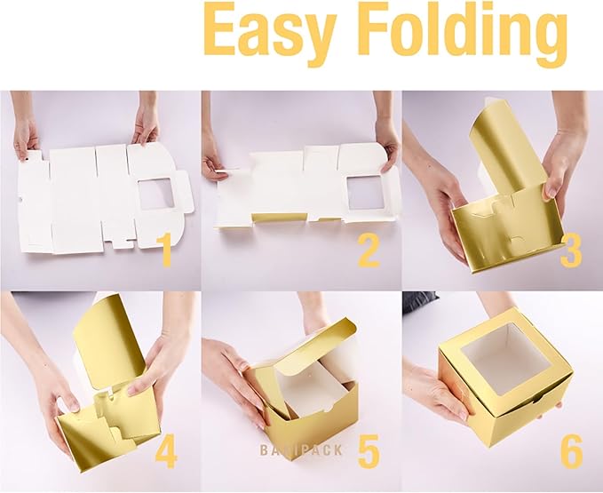 25 Gold Bakery Boxes with Window 5x5x3.5 Inches, Dessert Boxes to Go with Window, Treat Boxes for Small Bakery, Dessert, Candy, Cookies, Pastry, Party Favors, Wedding Cake