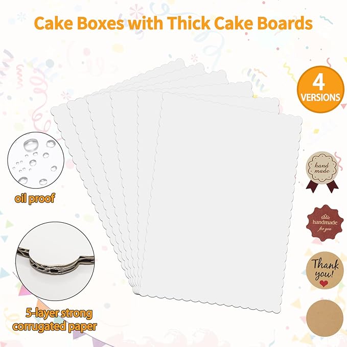 Aufind 8pcs Cake Boxes with Cake Board, 19x14x4.5 Inches White Bakery Boxes with Large Window for Quarter Sheet Cakes, Donuts, Cupcakes, Pastry & Pies (8)