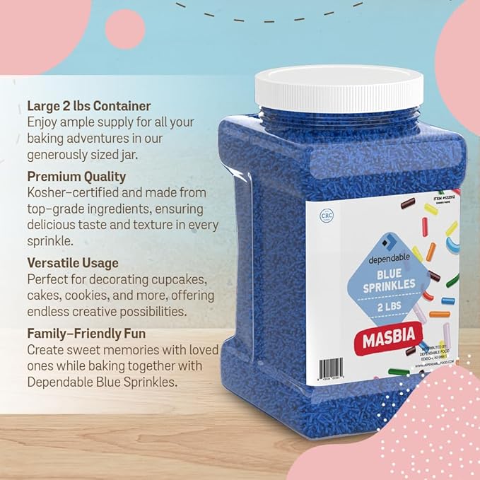 Dependable Food Blue Sprinkles - 2 Lb. Bulk Container - Gluten-Free, Kosher, Blue Jimmies for Cake Decorating, Cupcakes & More - Resealable Jar