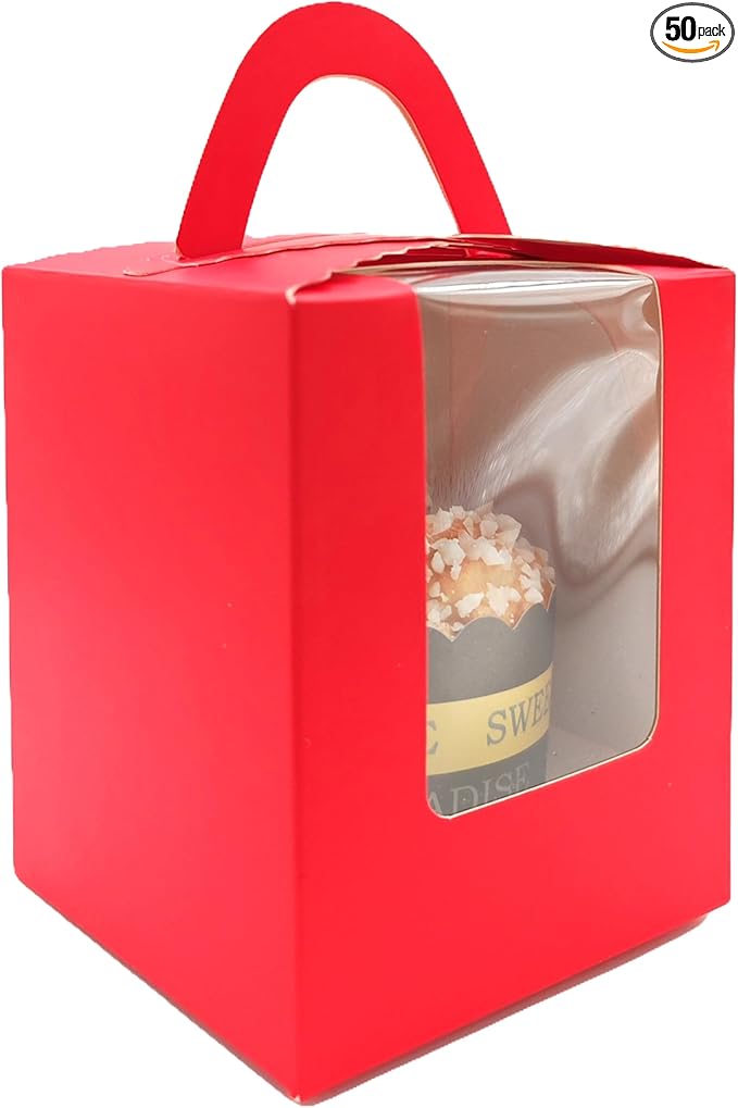 50-Set Individual Cupcake Boxes Bulk with Clear Display Window, Disposable Food Grade Red Cupcake Carrier Cupcake Container, Perfect for Cupcakes Muffins Cookies Pastries