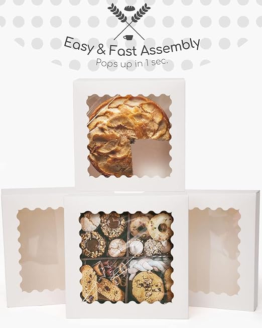 qiqee Auto-pop Up 30pcs Pie Box With Window 9x9x2.5 Inch Donut Pastry Boxes White Bakery Box