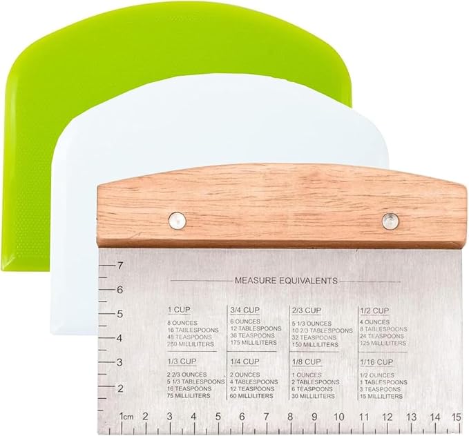 Ultimate Dough Scrapper Set: 3-Piece Stainless Steel Bench Scraper Kit with Ergonomic Handle and Built-in Measurement Scale - Perfect for Bread, Pizza, Cake, and More!