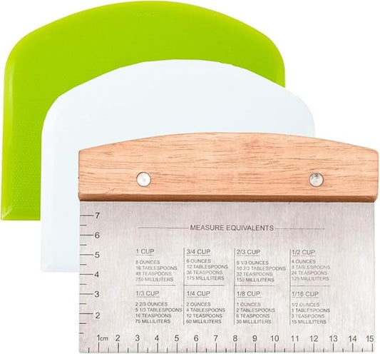 Ultimate Dough Scrapper Set: 3-Piece Stainless Steel Bench Scraper Kit with Ergonomic Handle and Built-in Measurement Scale - Perfect for Bread, Pizza, Cake, and More!
