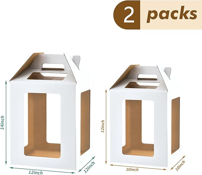 Tall Cake Boxes for Tier Cakes,10x10x12 & 12x12x14 Tiered Cake Box with window, 8in 10in 12in Tall Cake Carrier,Layer tall baking carrier,Layer tier cake boxes (2 pack)
