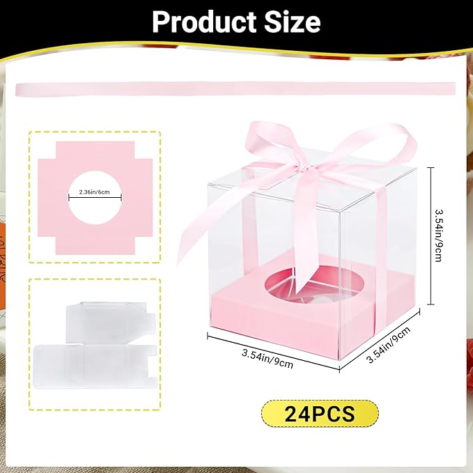 EUSOAR Plastic Clear Cupcake Holder, 24pcs 3.5 Inch Pink Single Cupcake Carrier with Ribbon and Inserts, Cupcake Carrier Storage for Cake Dessert Cupcake Boxes for Wedding Birthday Party Favor