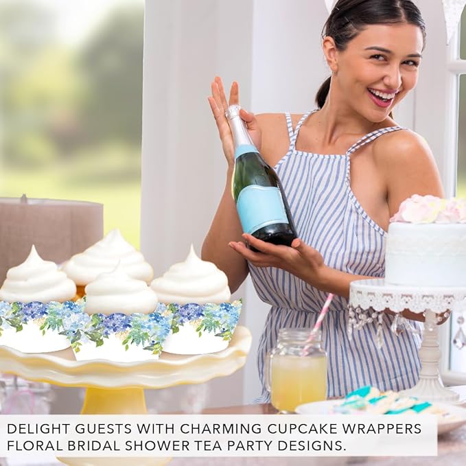 Andaz Press Party Cupcake Wrapper Decorations, Baby Blue Hydrangeas on White, 24-Pack, For Girls 1st Birthday Baby Bridal Shower Tea Party Themed Decorations