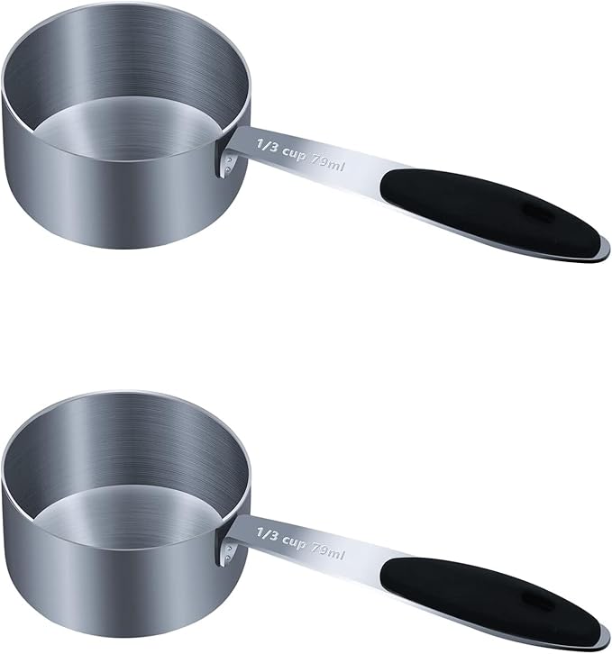 2PCS 1/3Cup (79ml, 2.7oz) Single Measuring Cup with Black Silicone Grip, Stainless Steel Individual Measure Scoop Only