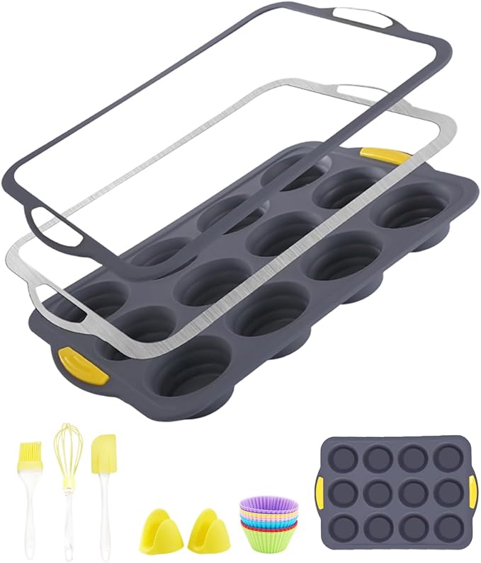 12-Cups Foldable Silicone Muffin Pan with Metal Reinforced Frame - Non-Stick Heat-Resistant Baking Mold for Muffins, Cupcakes, Mini Treats - Easy Storage Silicone Baking Pan, 7-Piece Baking Set