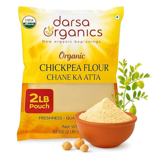 Darsa Organics Chickpea Flour, 2 lb - Premium Grade USDA Organic Certified Garbanzo Bean Flour, Besan for Cooking, Chane Ka Atta, Baking & Vegan Recipes, Gluten-Free, Non-GMO, Chemical-Free, Kosher, Vacuum-Sealed for lasting freshness