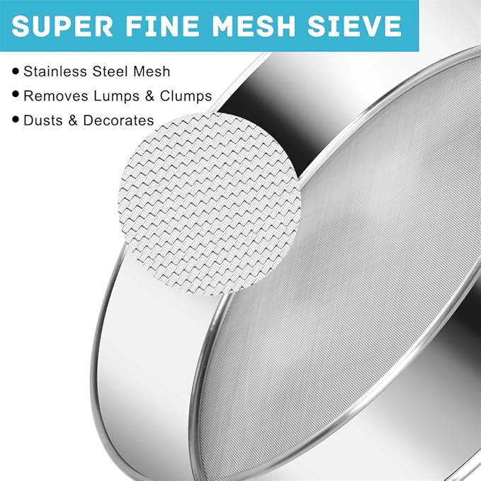 Flour Sifter Stainless Steel Round Flour Sieve 6 Inch 60 Mesh Fine Mesh Strainers for Baking Cake Bread