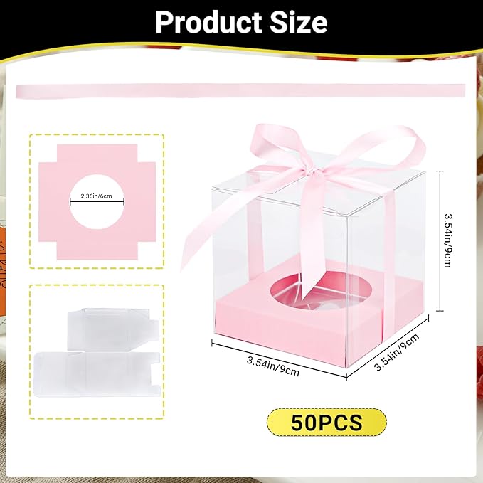 EUSOAR Cake Containers with Lids, 50pcs 3.5 Inch Plastic Clear Individual Single Cupcake Boxes Containers, Transparent Cupcake Holder Carrier with Ribbon and Inserts for Wedding Party bakery-Pink