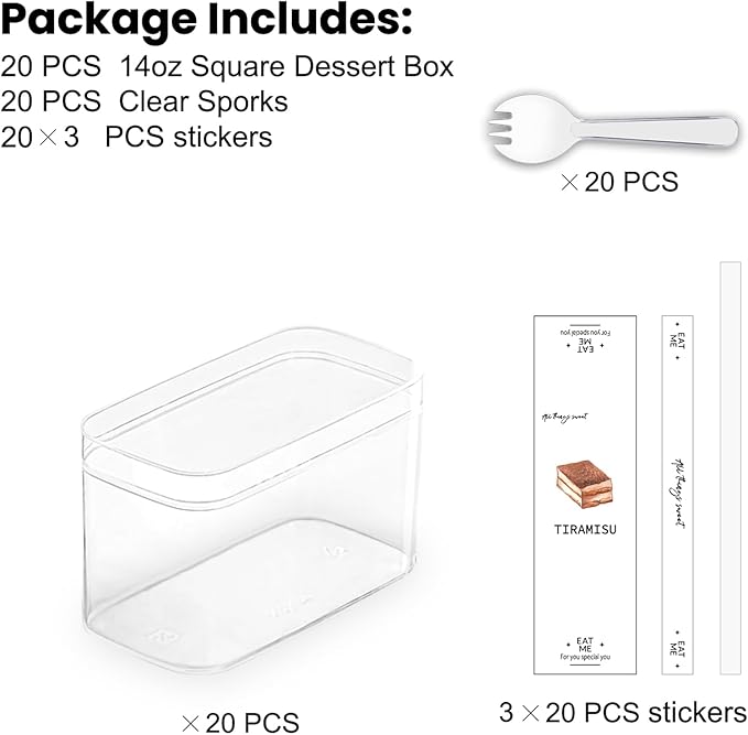 Plastic Rectangle Dessert Cups Boxes with Lids and Sporks,packaging for baked,Cookie Tiramisu Containers for Fruit,Pudding,Mousse,Parfait Cups With Lids(20, Rect 4.6*2.4*2.7 IN-Boxes+Sporks+stickers)