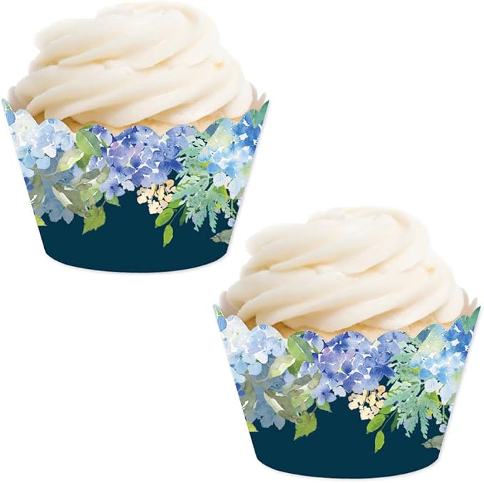 Andaz Press Party Cupcake Wrapper Decorations, Baby Blue Hydrangeas on Navy Blue, 24-Pack, For Girls 1st Birthday Baby Bridal Shower Tea Party Themed Decorations